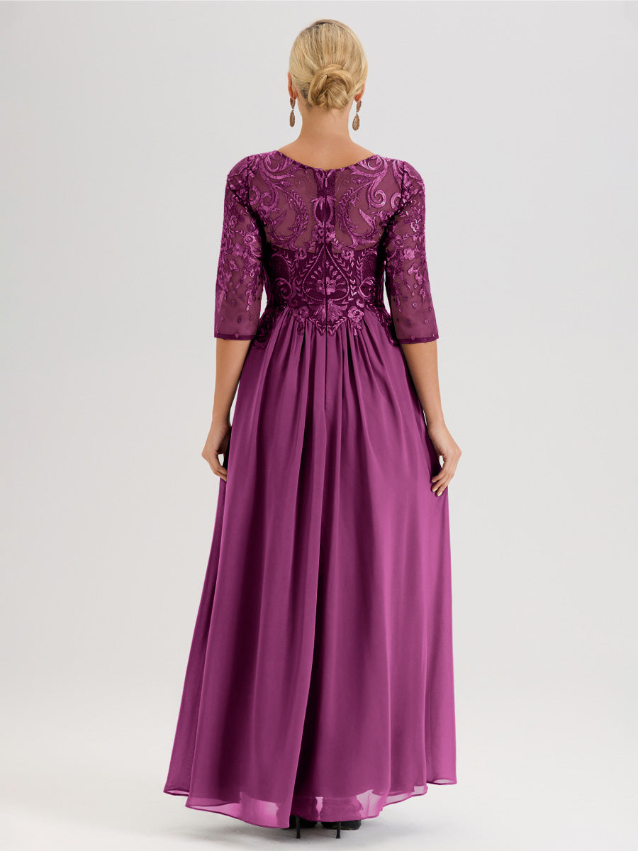 Cicinia Champagne Robe Mère De La Mariée Col Ras Du Cou À Manches 3/4 Trapèze En Mousseline Et Dentelle Longueur Au Sol