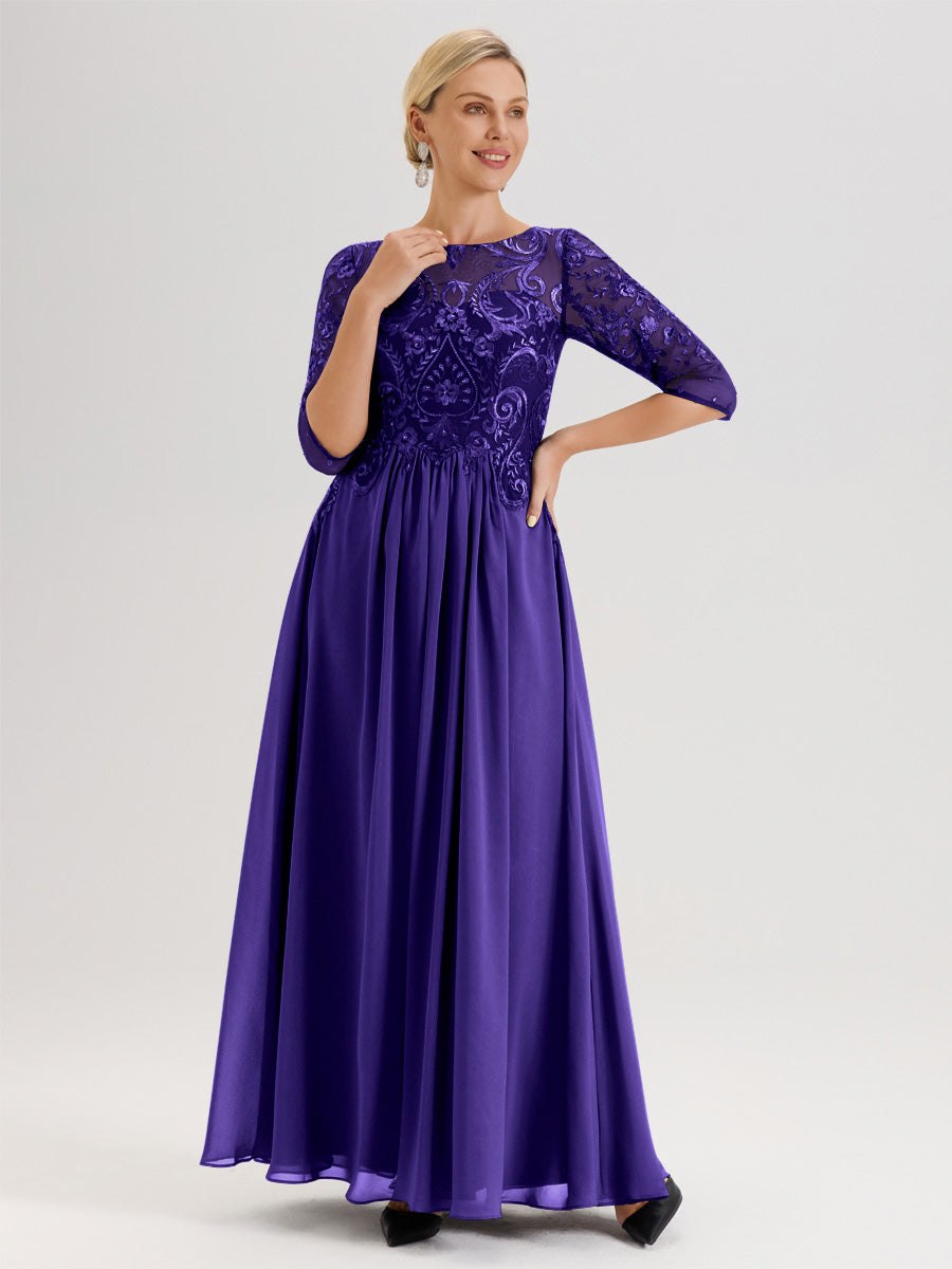 Cicinia Noir Robe Mère De La Mariée Col Ras Du Cou À Manches 3/4 Trapèze En Mousseline Et Dentelle Longueur Au Sol