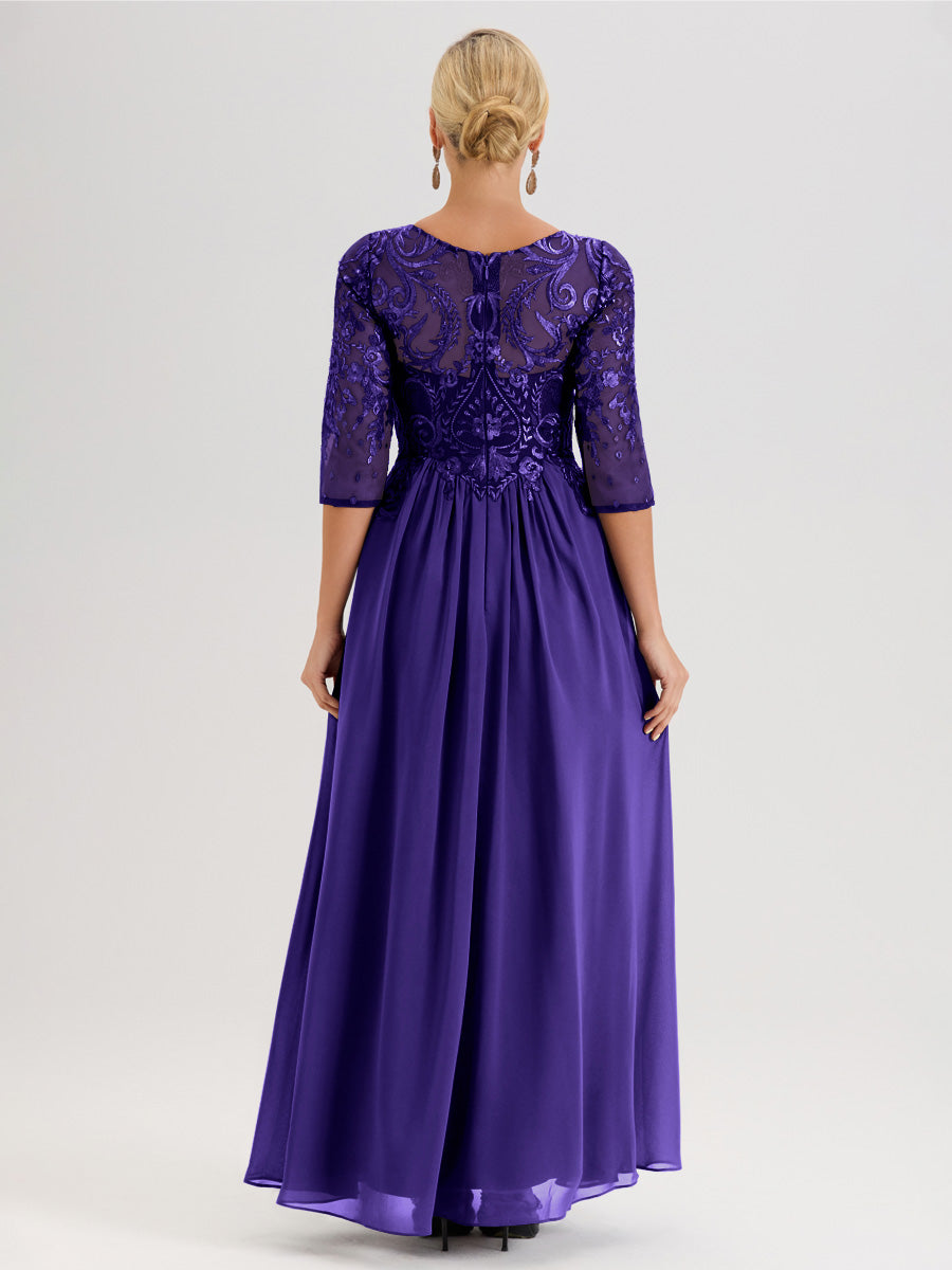 Cicinia Noir Robe Mère De La Mariée Col Ras Du Cou À Manches 3/4 Trapèze En Mousseline Et Dentelle Longueur Au Sol