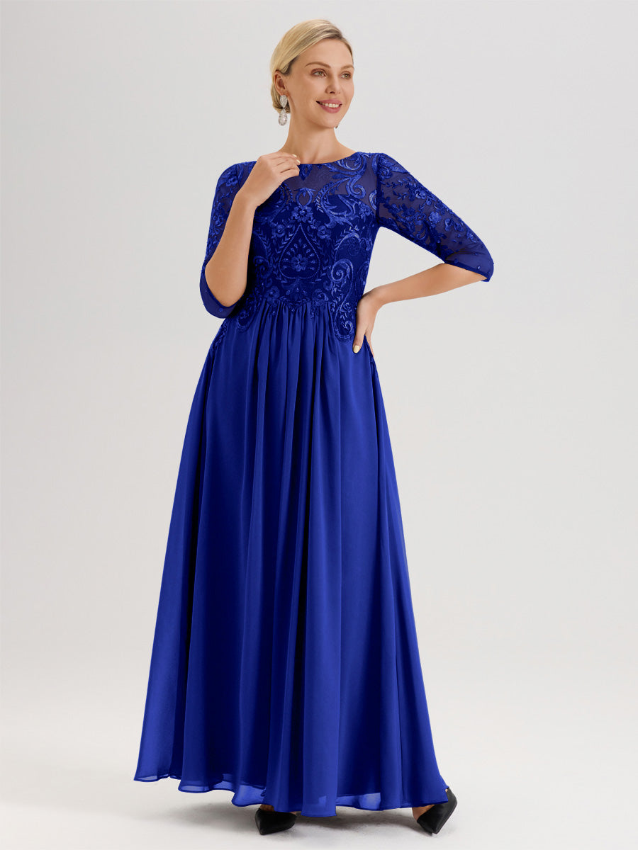 Cicinia Rose Robe Mère De La Mariée Col Ras Du Cou À Manches 3/4 Trapèze En Mousseline Et Dentelle Longueur Au Sol