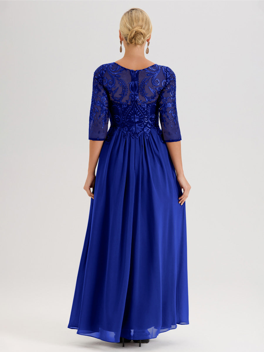 Cicinia Rose Robe Mère De La Mariée Col Ras Du Cou À Manches 3/4 Trapèze En Mousseline Et Dentelle Longueur Au Sol