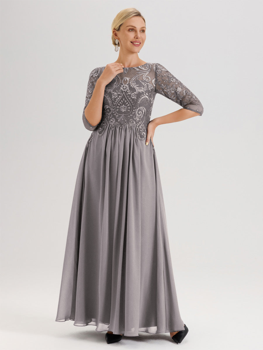Cicinia Vert Olive Robe Mère De La Mariée Col Ras Du Cou À Manches 3/4 Trapèze En Mousseline Et Dentelle Longueur Au Sol