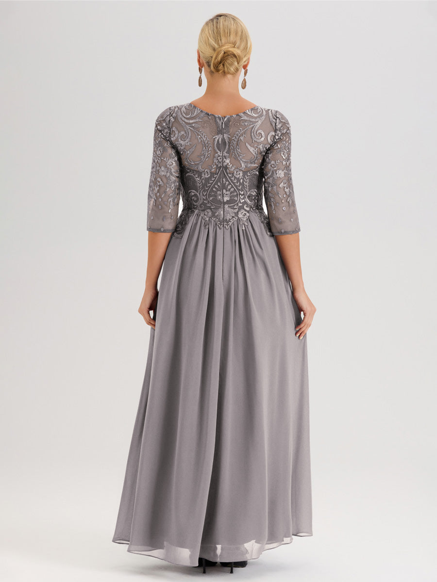 Cicinia Vert Olive Robe Mère De La Mariée Col Ras Du Cou À Manches 3/4 Trapèze En Mousseline Et Dentelle Longueur Au Sol
