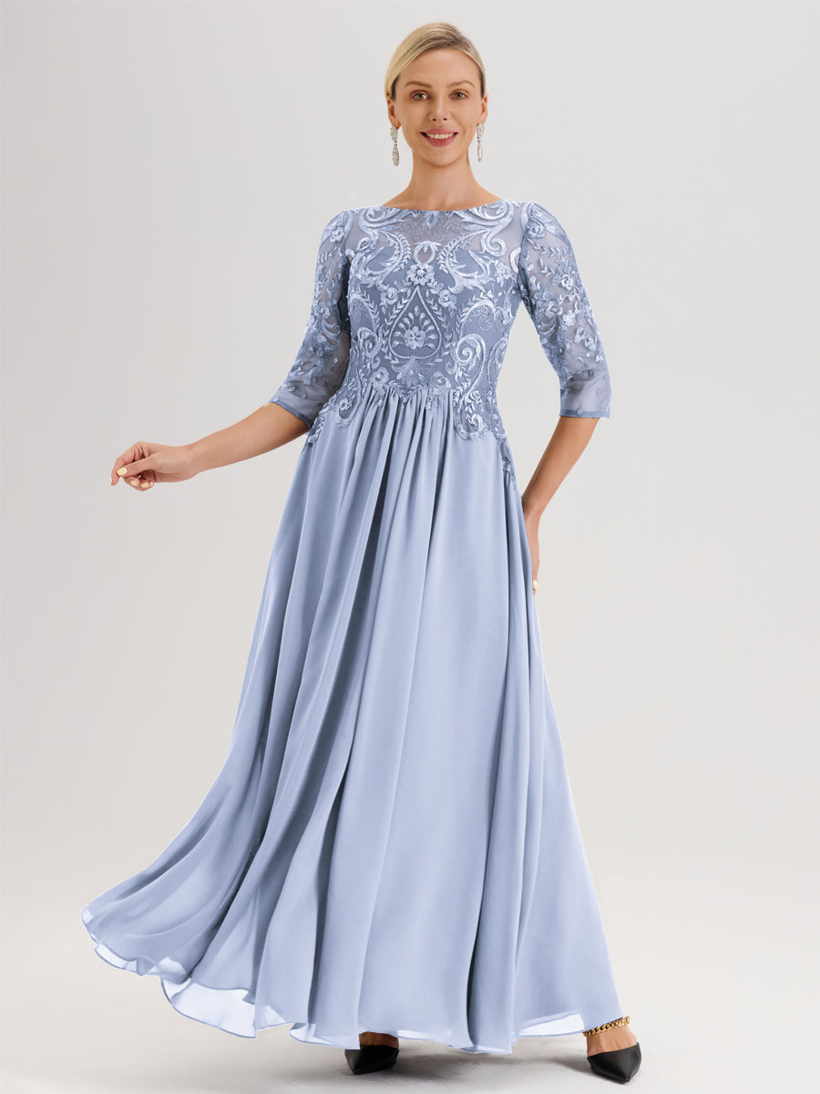 Cicinia Rose Cannelle Robe Mère De La Mariée Col Ras Du Cou À Manches 3/4 Trapèze En Mousseline Et Dentelle Longueur Au Sol