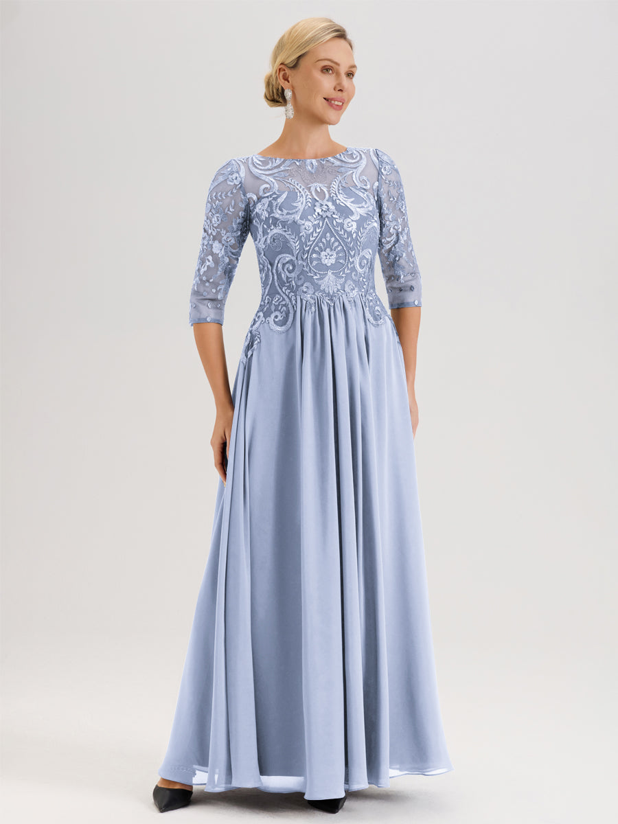 Cicinia Rose Cannelle Robe Mère De La Mariée Col Ras Du Cou À Manches 3/4 Trapèze En Mousseline Et Dentelle Longueur Au Sol