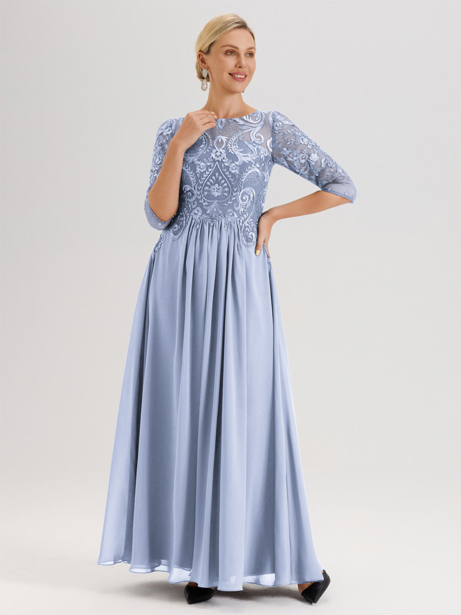 Cicinia Rose Cannelle Robe Mère De La Mariée Col Ras Du Cou À Manches 3/4 Trapèze En Mousseline Et Dentelle Longueur Au Sol