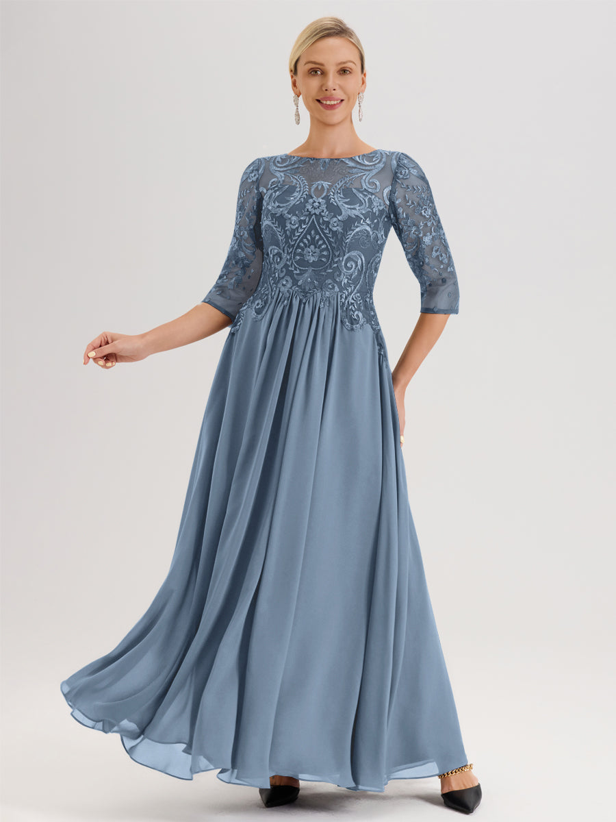 Cicinia Celadon Robe Mère De La Mariée Col Ras Du Cou À Manches 3/4 Trapèze En Mousseline Et Dentelle Longueur Au Sol
