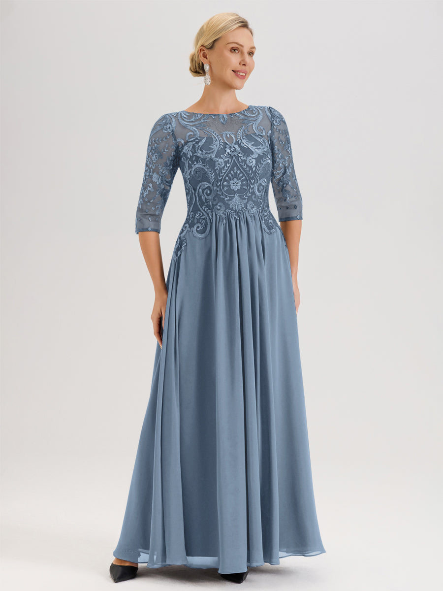 Cicinia Celadon Robe Mère De La Mariée Col Ras Du Cou À Manches 3/4 Trapèze En Mousseline Et Dentelle Longueur Au Sol