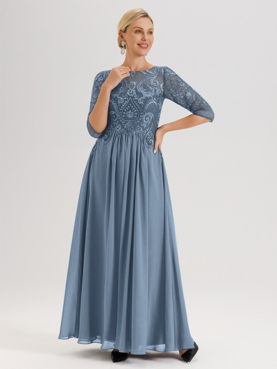 Cicinia Celadon Robe Mère De La Mariée Col Ras Du Cou À Manches 3/4 Trapèze En Mousseline Et Dentelle Longueur Au Sol