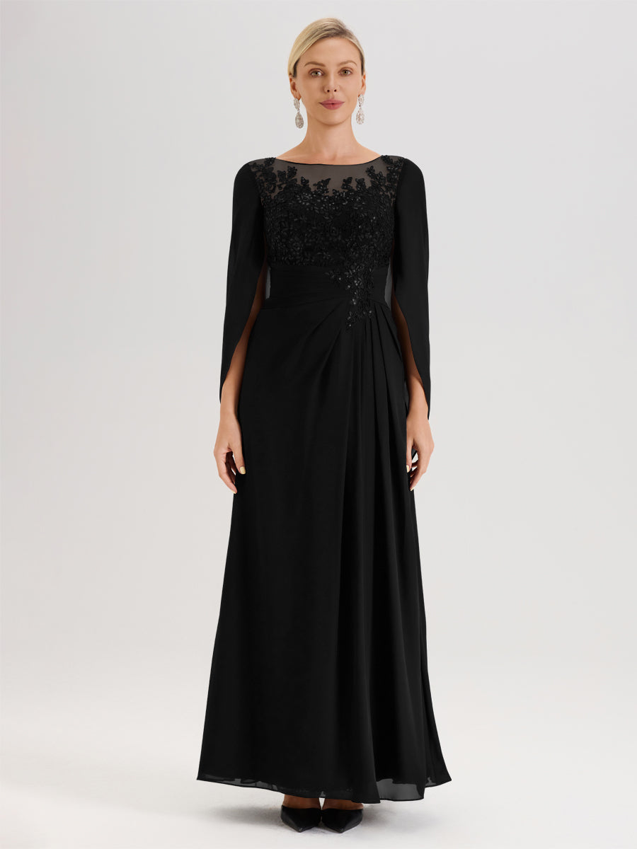 Cicinia Noir Robe De Mère De La Mariée Longue Ligne A En Dentelle Appliquée Et Mousseline À Manches Volantes Et Col Illusion