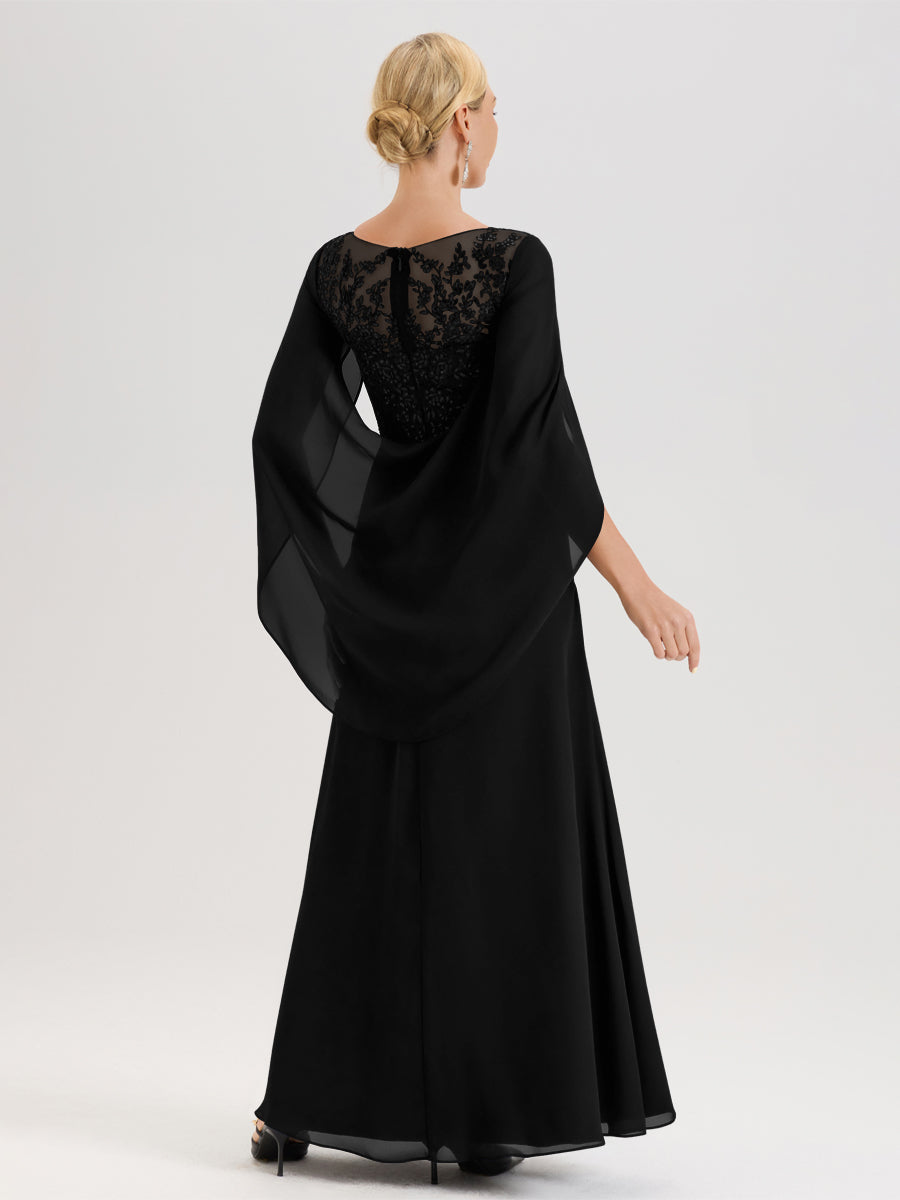 Cicinia Noir Robe De Mère De La Mariée Longue Ligne A En Dentelle Appliquée Et Mousseline À Manches Volantes Et Col Illusion