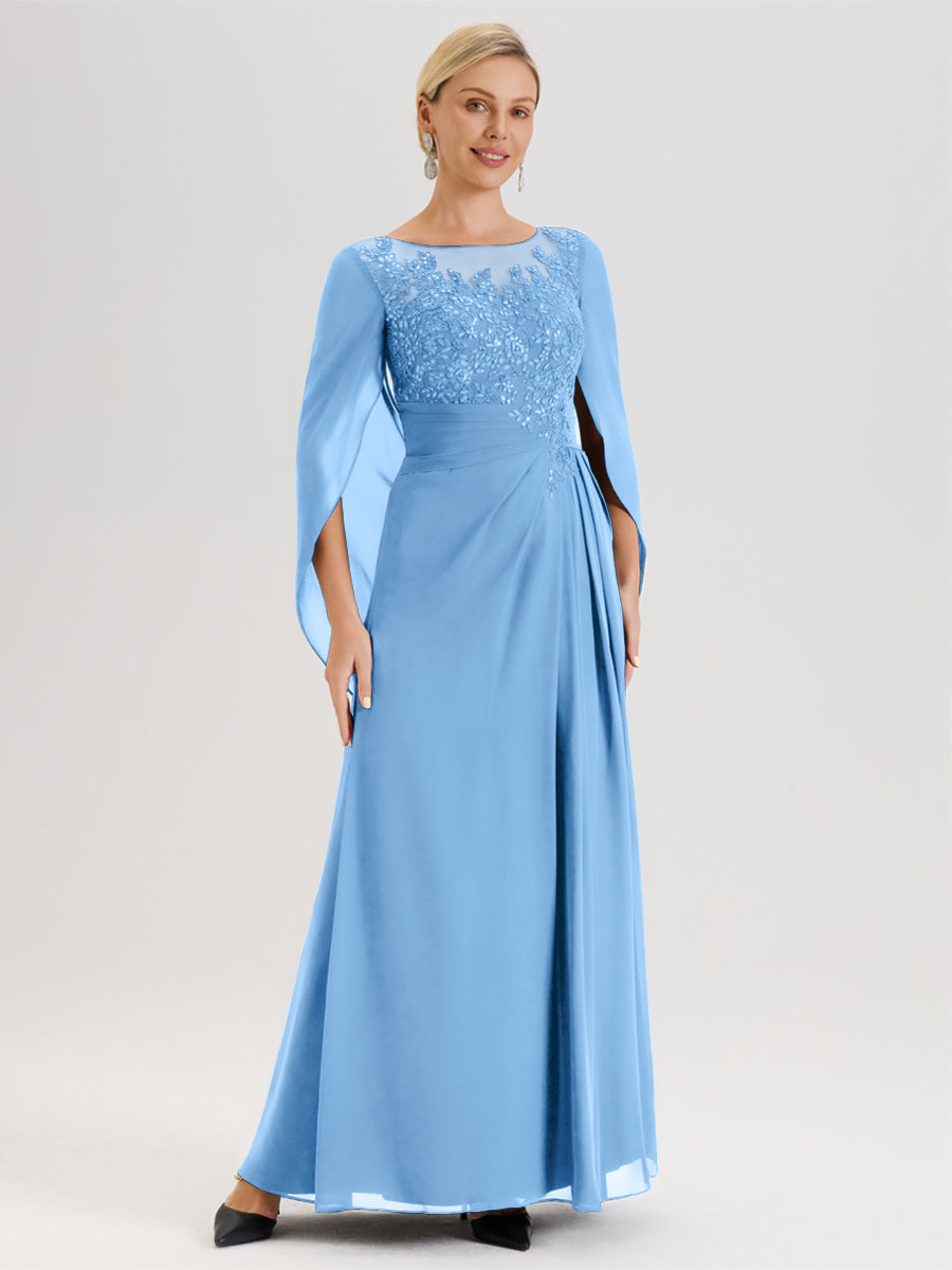 Cicinia Bleu Robe De Mère De La Mariée Longue Ligne A En Dentelle Appliquée Et Mousseline À Manches Volantes Et Col Illusion