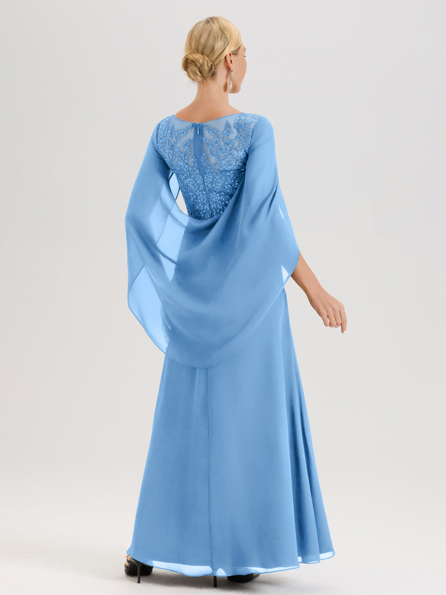 Cicinia Bleu Robe De Mère De La Mariée Longue Ligne A En Dentelle Appliquée Et Mousseline À Manches Volantes Et Col Illusion