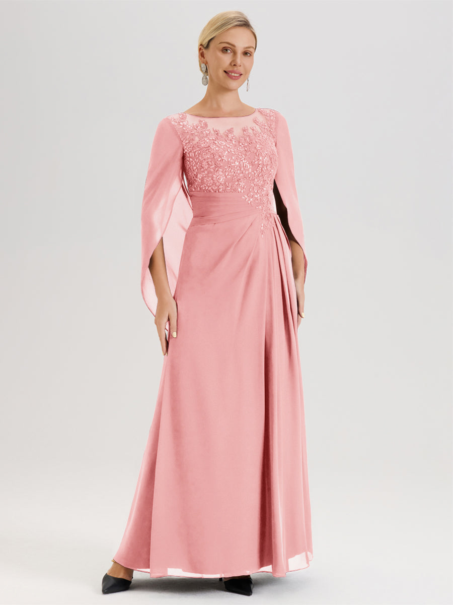 Cicinia Rose Robe De Mère De La Mariée Longue Ligne A En Dentelle Appliquée Et Mousseline À Manches Volantes Et Col Illusion