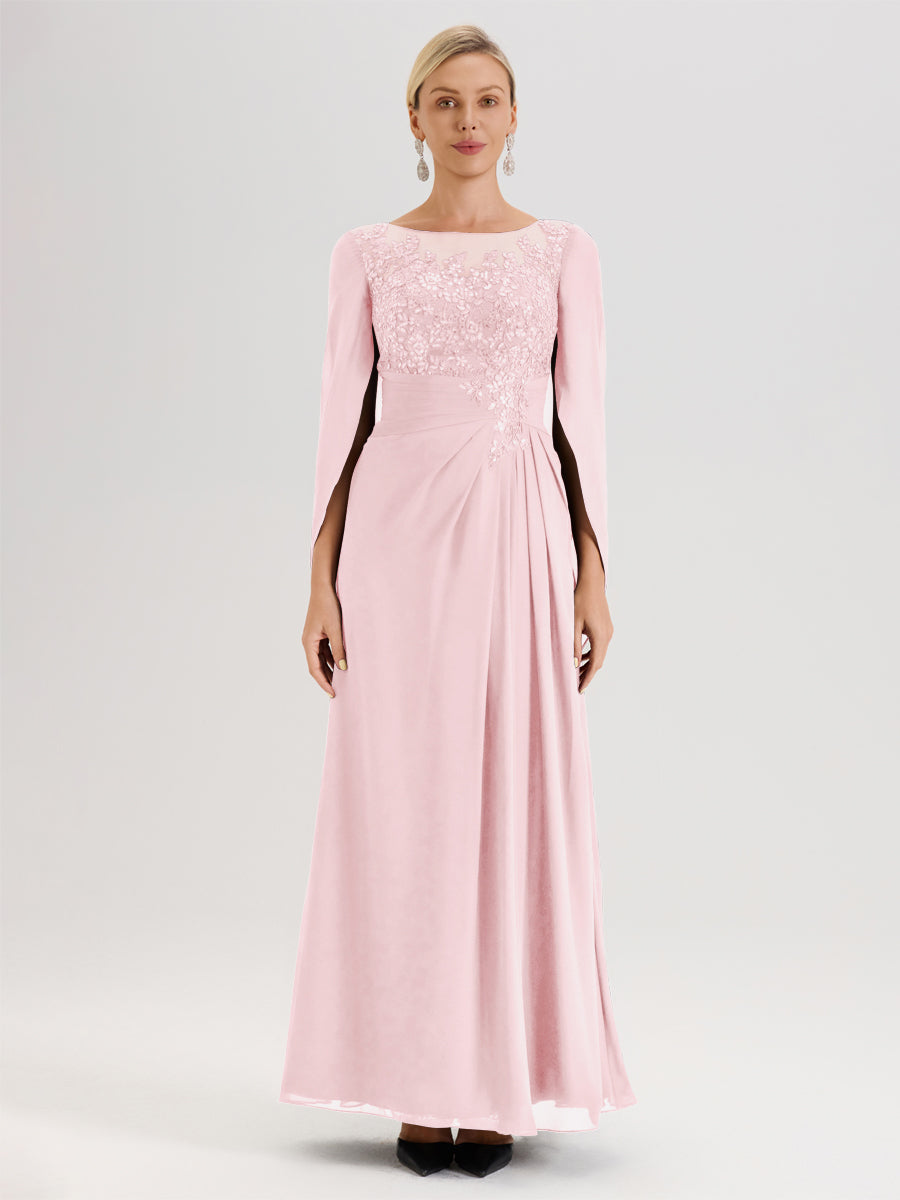 Cicinia Rose Pâle Robe De Mère De La Mariée Longue Ligne A En Dentelle Appliquée Et Mousseline À Manches Volantes Et Col Illusion