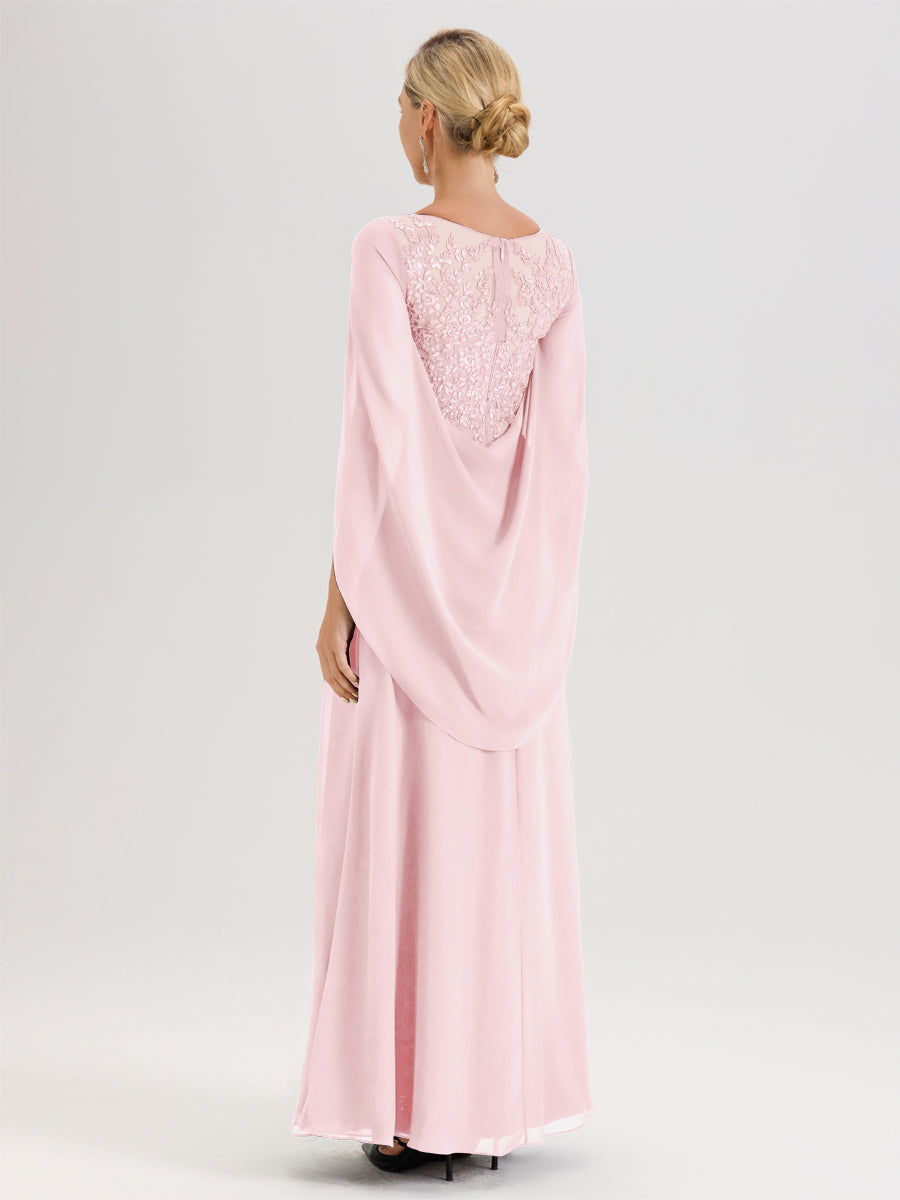 Cicinia Rose Pâle Robe De Mère De La Mariée Longue Ligne A En Dentelle Appliquée Et Mousseline À Manches Volantes Et Col Illusion