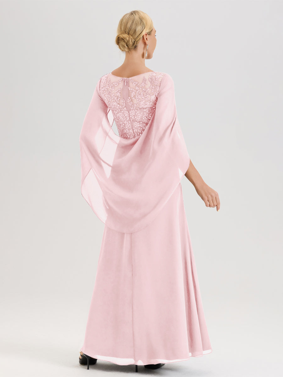 Cicinia Rose Pâle Robe De Mère De La Mariée Longue Ligne A En Dentelle Appliquée Et Mousseline À Manches Volantes Et Col Illusion