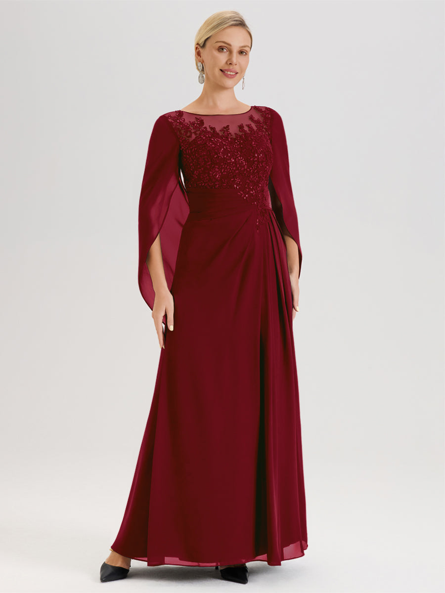 Cicinia Bordeaux Robe De Mère De La Mariée Longue Ligne A En Dentelle Appliquée Et Mousseline À Manches Volantes Et Col Illusion