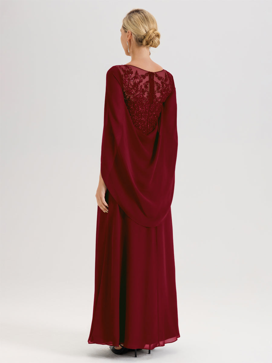Cicinia Bordeaux Robe De Mère De La Mariée Longue Ligne A En Dentelle Appliquée Et Mousseline À Manches Volantes Et Col Illusion