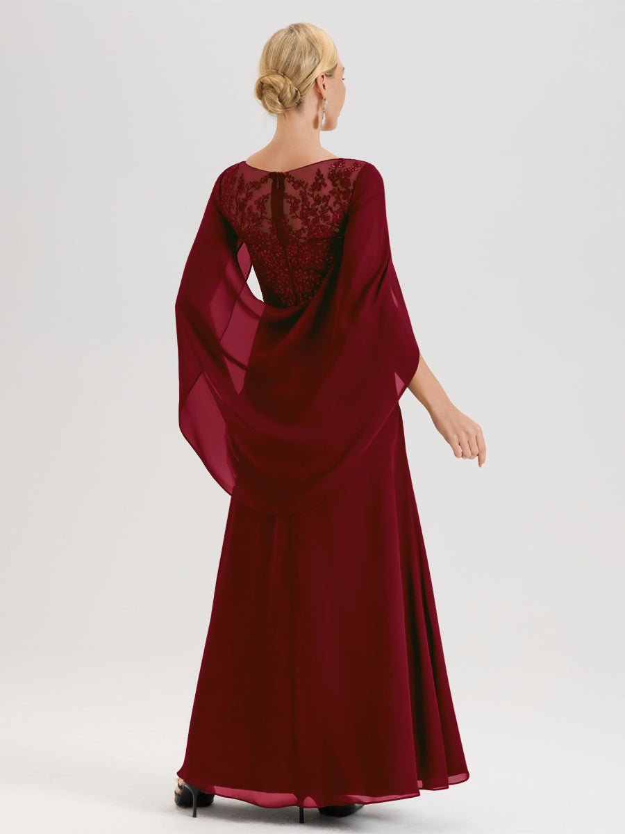 Cicinia Bordeaux Robe De Mère De La Mariée Longue Ligne A En Dentelle Appliquée Et Mousseline À Manches Volantes Et Col Illusion