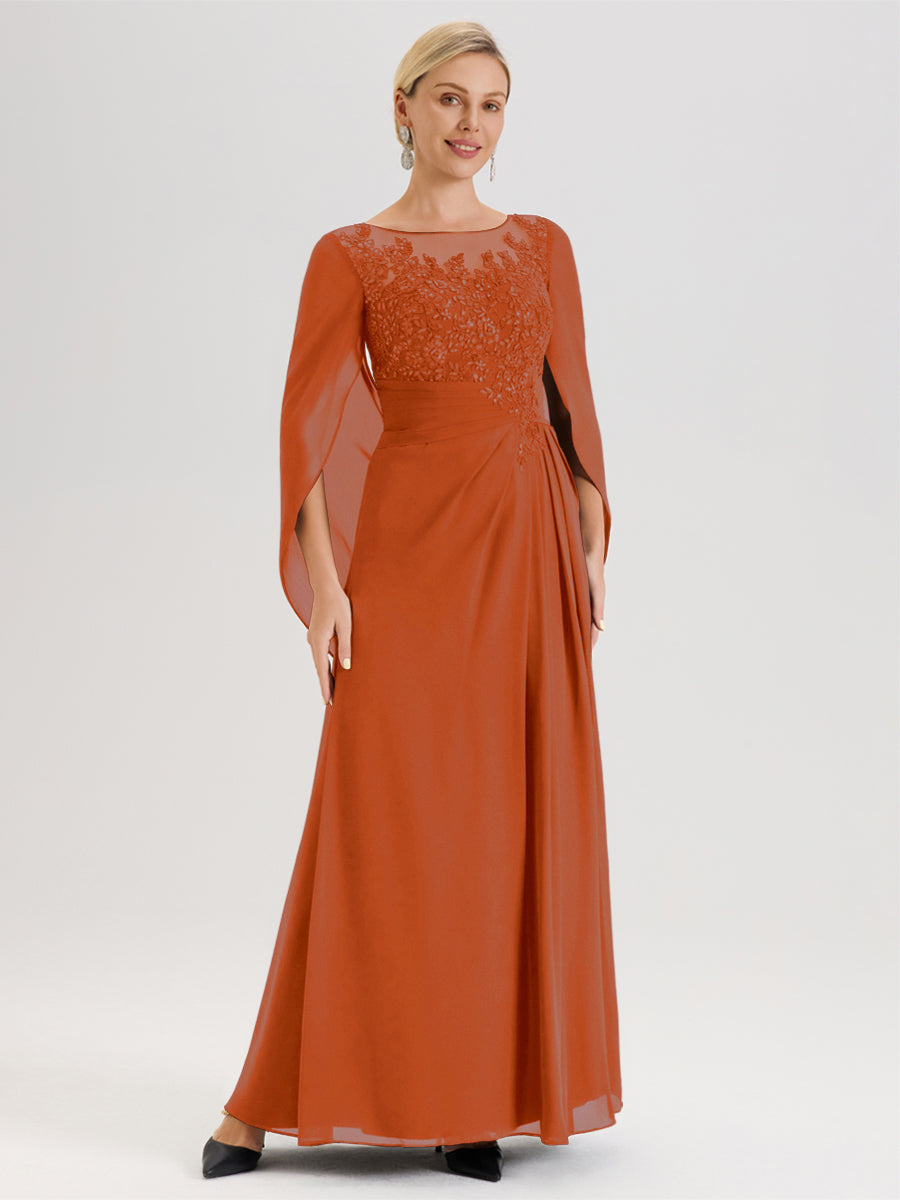 Cicinia Orange Brûlé Robe De Mère De La Mariée Longue Ligne A En Dentelle Appliquée Et Mousseline À Manches Volantes Et Col Illusion