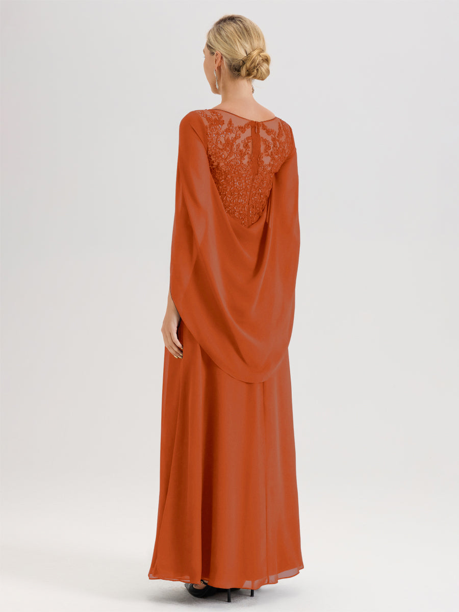 Cicinia Orange Brûlé Robe De Mère De La Mariée Longue Ligne A En Dentelle Appliquée Et Mousseline À Manches Volantes Et Col Illusion