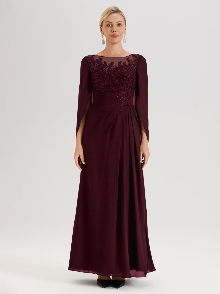 Cicinia Cabernet Robe De Mère De La Mariée Longue Ligne A En Dentelle Appliquée Et Mousseline À Manches Volantes Et Col Illusion