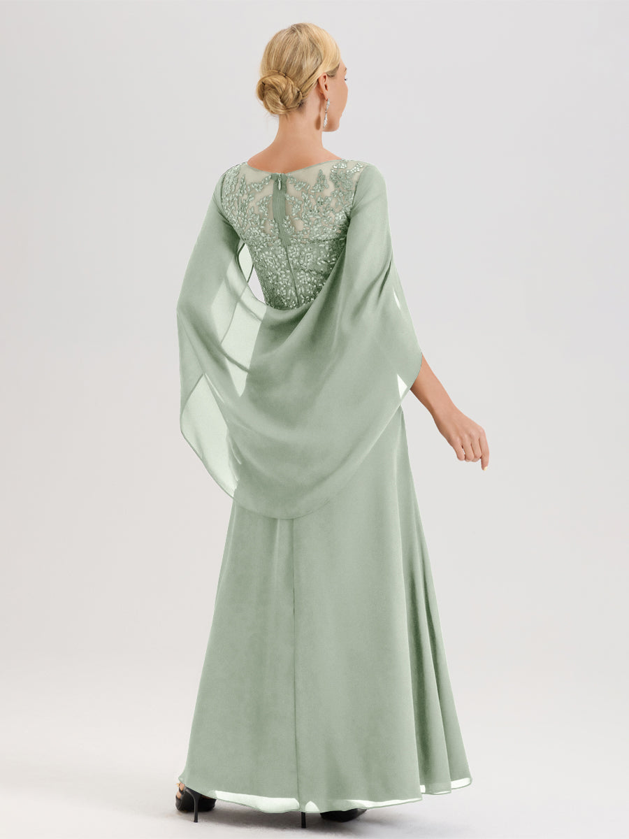 Cicinia Celadon Robe De Mère De La Mariée Longue Ligne A En Dentelle Appliquée Et Mousseline À Manches Volantes Et Col Illusion