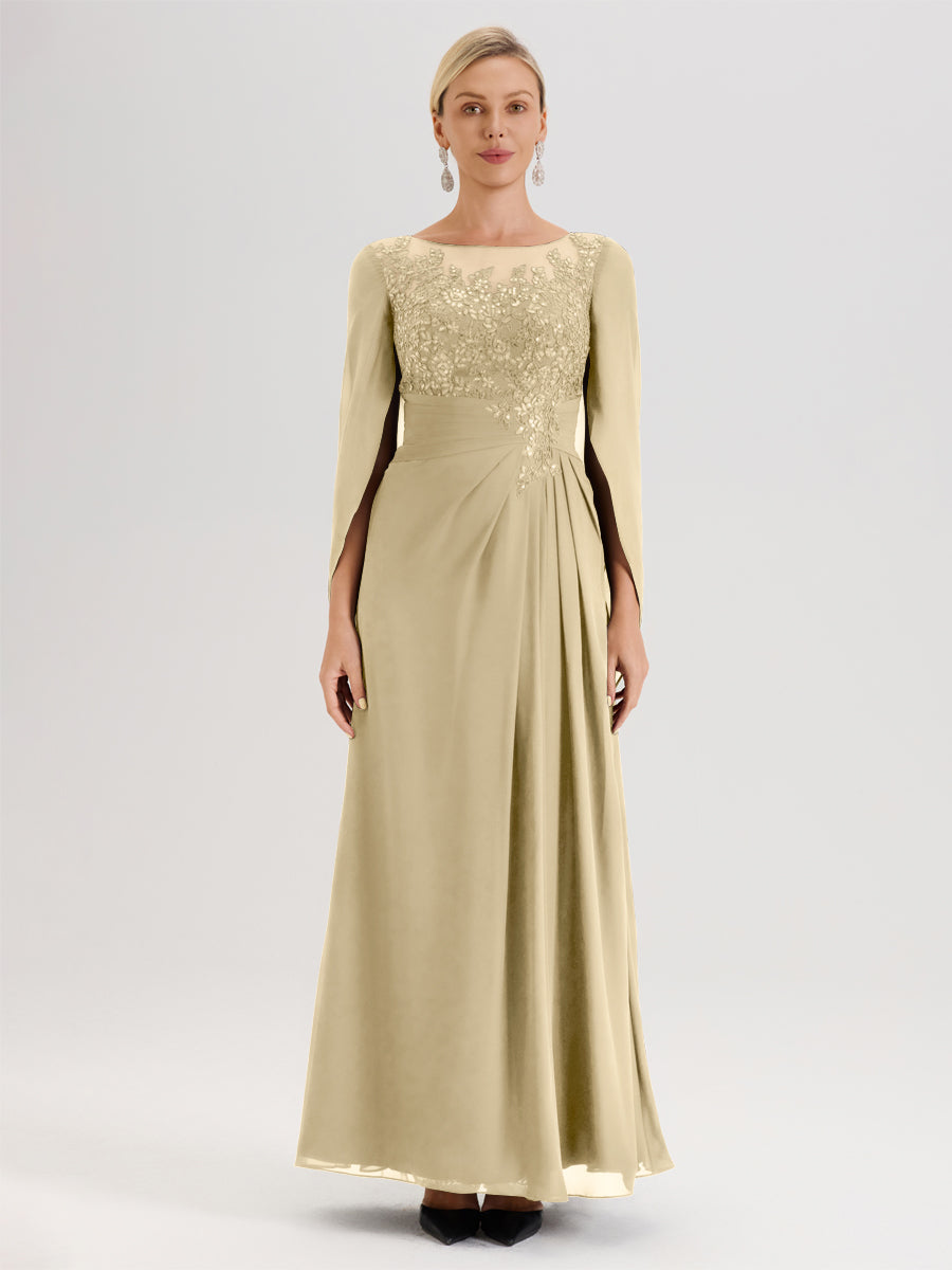 Cicinia Champagne Robe De Mère De La Mariée Longue Ligne A En Dentelle Appliquée Et Mousseline À Manches Volantes Et Col Illusion
