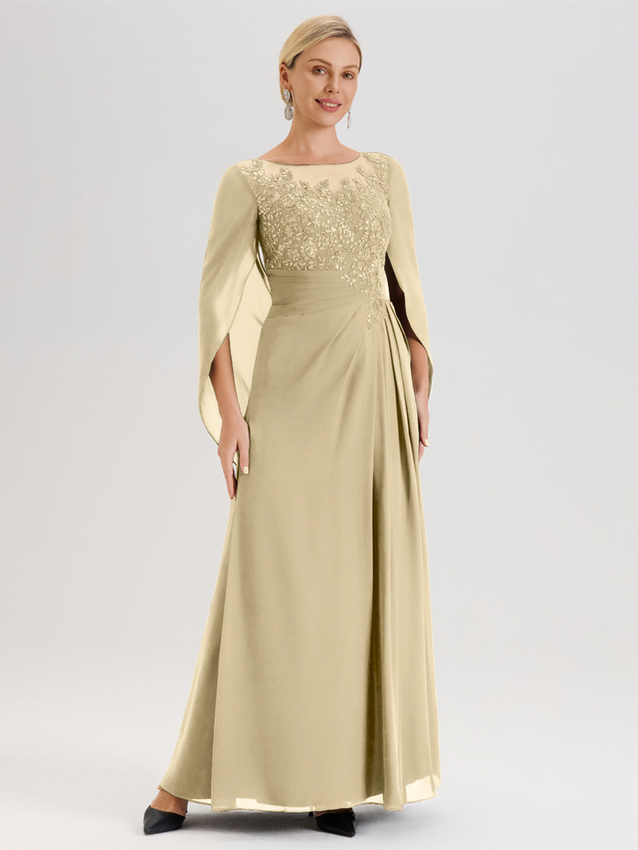 Cicinia Champagne Robe De Mère De La Mariée Longue Ligne A En Dentelle Appliquée Et Mousseline À Manches Volantes Et Col Illusion