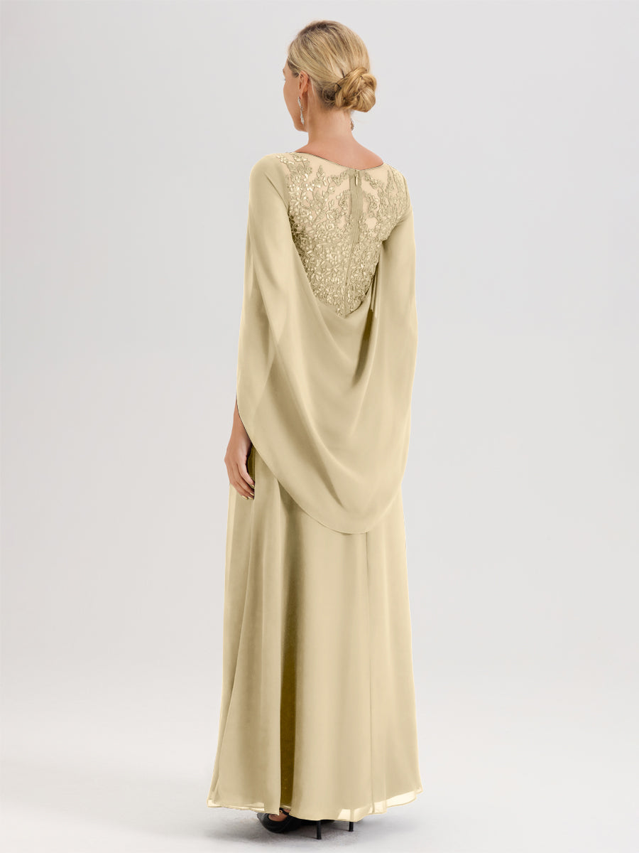 Cicinia Champagne Robe De Mère De La Mariée Longue Ligne A En Dentelle Appliquée Et Mousseline À Manches Volantes Et Col Illusion