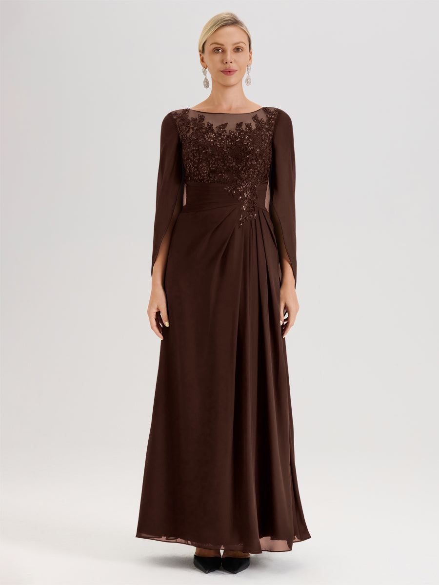 Cicinia Chocolat Robe De Mère De La Mariée Longue Ligne A En Dentelle Appliquée Et Mousseline À Manches Volantes Et Col Illusion