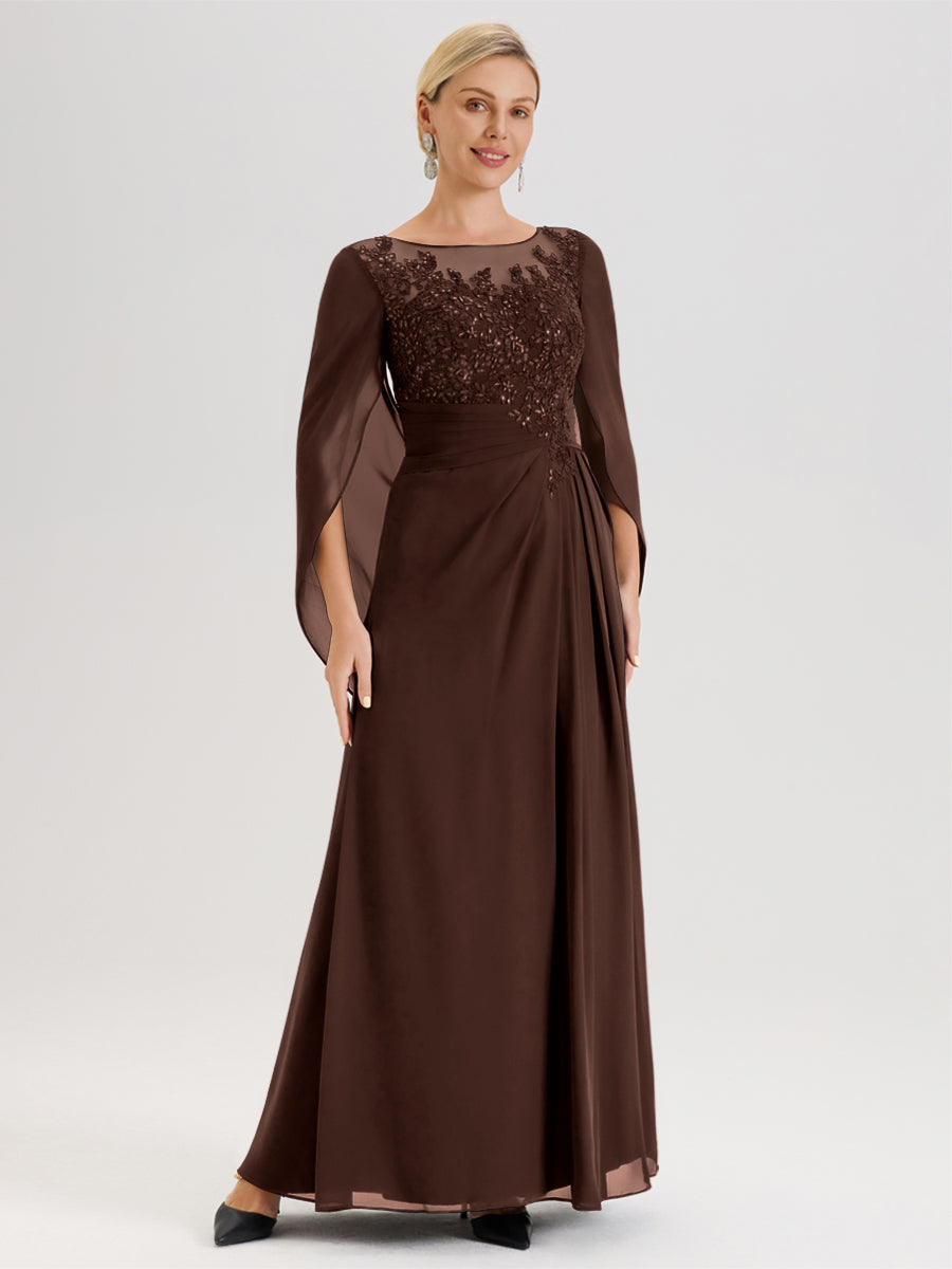 Cicinia Chocolat Robe De Mère De La Mariée Longue Ligne A En Dentelle Appliquée Et Mousseline À Manches Volantes Et Col Illusion