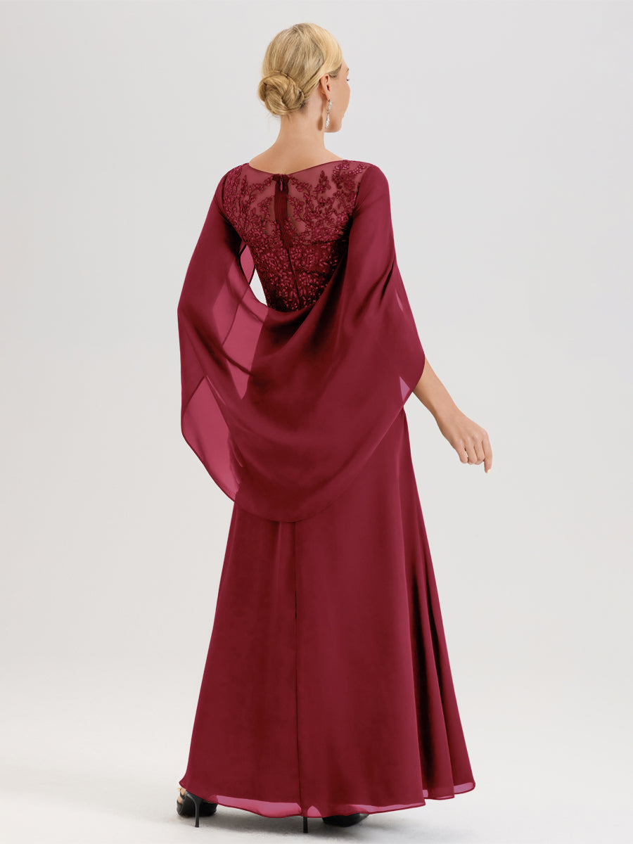 Cicinia Rose Cannelle Robe De Mère De La Mariée Longue Ligne A En Dentelle Appliquée Et Mousseline À Manches Volantes Et Col Illusion