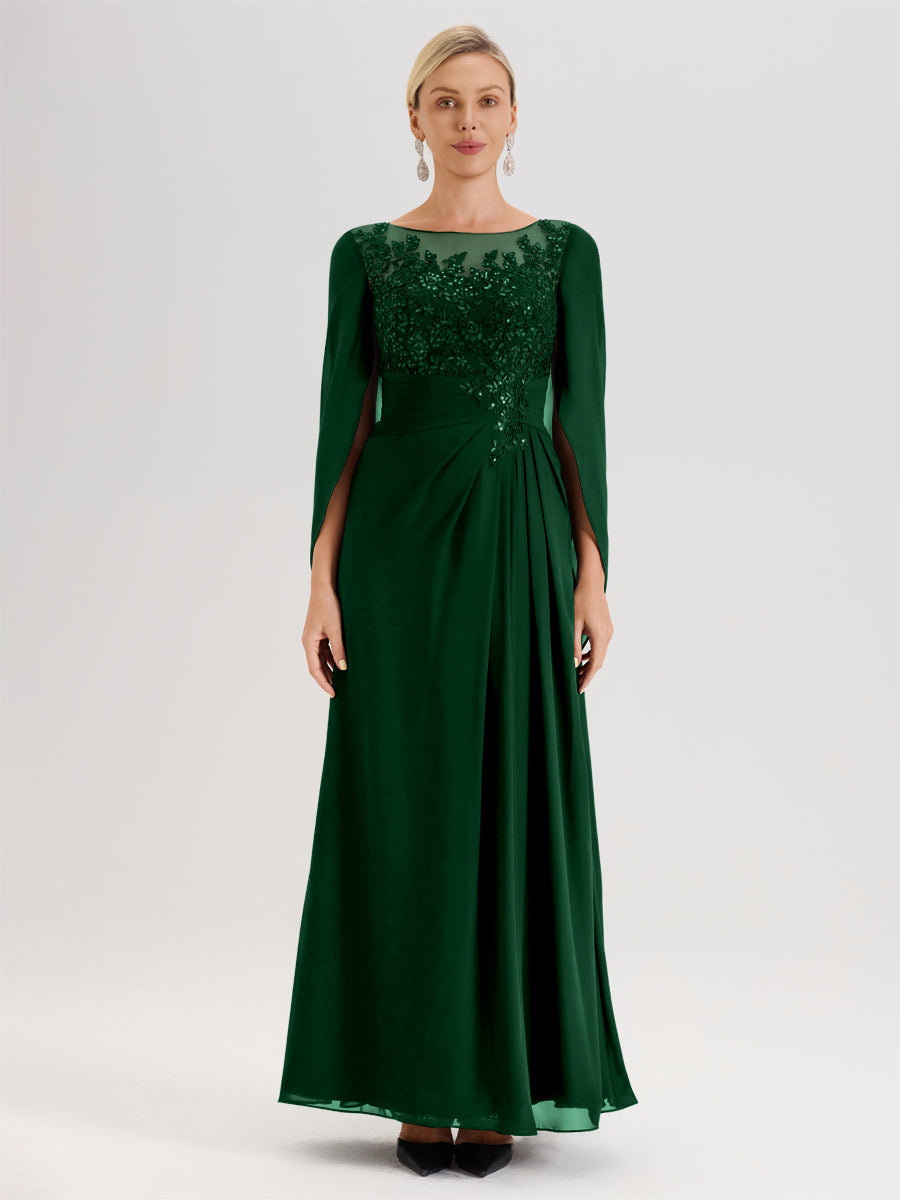 Cicinia Vert Foncé Robe De Mère De La Mariée Longue Ligne A En Dentelle Appliquée Et Mousseline À Manches Volantes Et Col Illusion