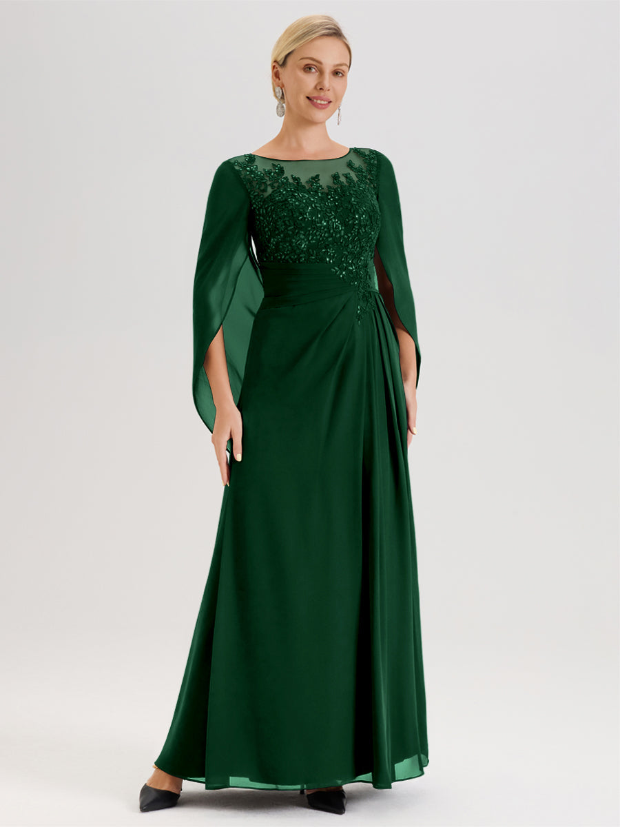 Cicinia Vert Foncé Robe De Mère De La Mariée Longue Ligne A En Dentelle Appliquée Et Mousseline À Manches Volantes Et Col Illusion