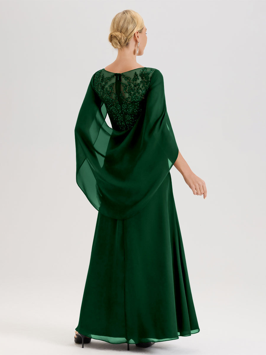 Cicinia Vert Foncé Robe De Mère De La Mariée Longue Ligne A En Dentelle Appliquée Et Mousseline À Manches Volantes Et Col Illusion