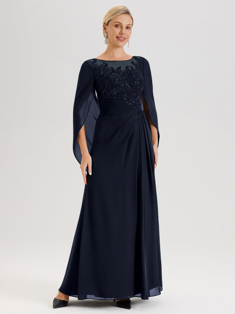 Cicinia Bleu Marine Robe De Mère De La Mariée Longue Ligne A En Dentelle Appliquée Et Mousseline À Manches Volantes Et Col Illusion