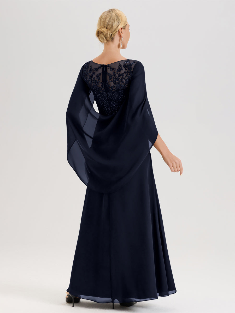 Cicinia Bleu Marine Robe De Mère De La Mariée Longue Ligne A En Dentelle Appliquée Et Mousseline À Manches Volantes Et Col Illusion