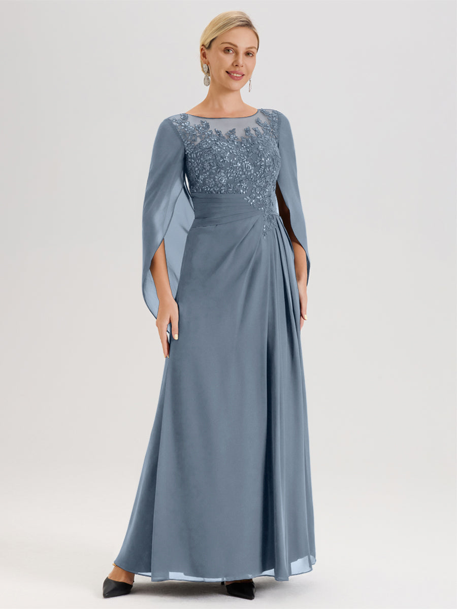Cicinia Bleu Poudré Robe De Mère De La Mariée Longue Ligne A En Dentelle Appliquée Et Mousseline À Manches Volantes Et Col Illusion