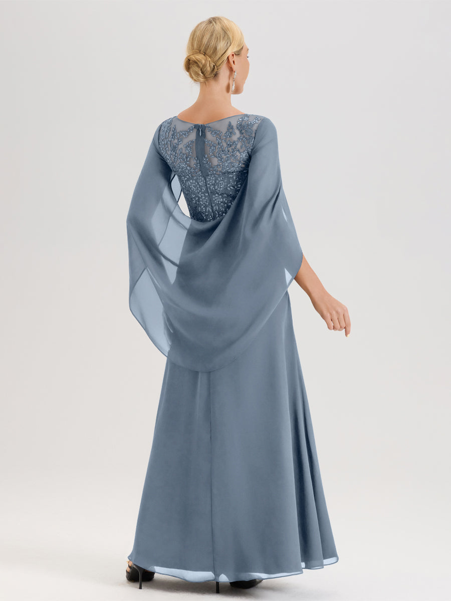 Cicinia Bleu Poudré Robe De Mère De La Mariée Longue Ligne A En Dentelle Appliquée Et Mousseline À Manches Volantes Et Col Illusion