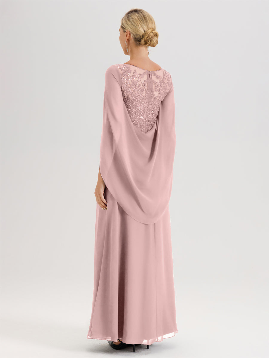 Cicinia Rose Poudré Robe De Mère De La Mariée Longue Ligne A En Dentelle Appliquée Et Mousseline À Manches Volantes Et Col Illusion