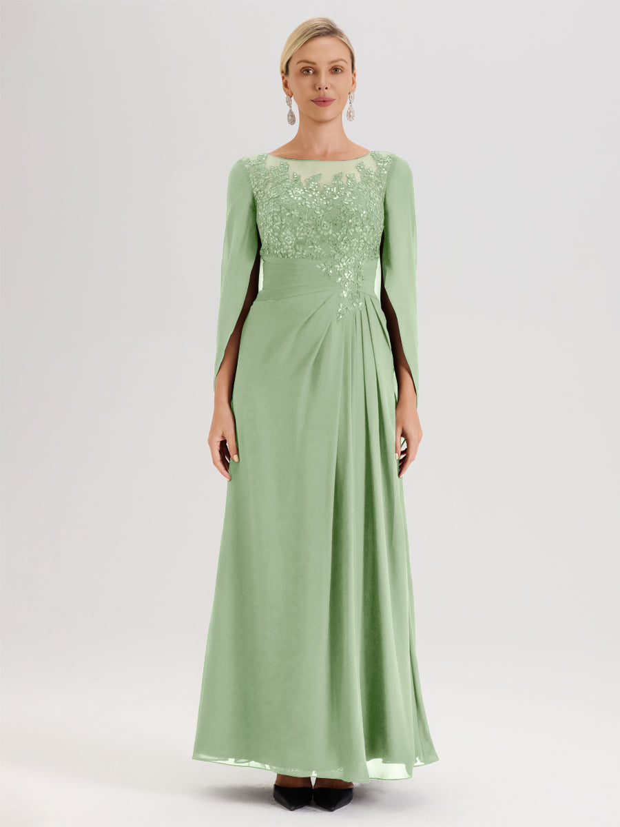 Cicinia Sauge Poudrée Robe De Mère De La Mariée Longue Ligne A En Dentelle Appliquée Et Mousseline À Manches Volantes Et Col Illusion