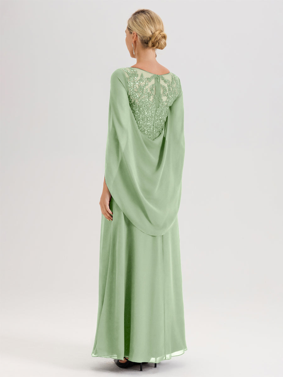 Cicinia Sauge Poudrée Robe De Mère De La Mariée Longue Ligne A En Dentelle Appliquée Et Mousseline À Manches Volantes Et Col Illusion