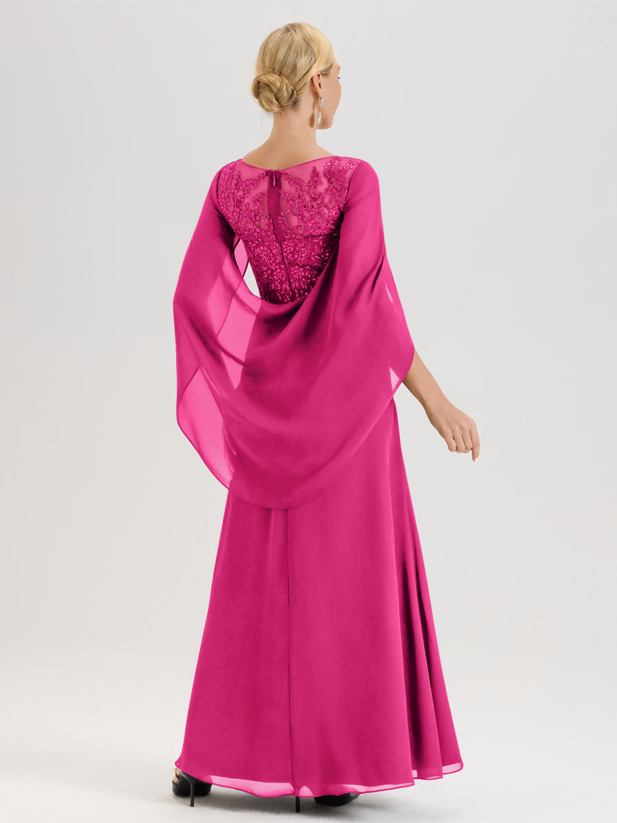 Cicinia Fuchsia Robe De Mère De La Mariée Longue Ligne A En Dentelle Appliquée Et Mousseline À Manches Volantes Et Col Illusion