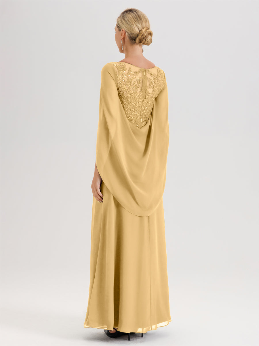 Cicinia Or Robe De Mère De La Mariée Longue Ligne A En Dentelle Appliquée Et Mousseline À Manches Volantes Et Col Illusion