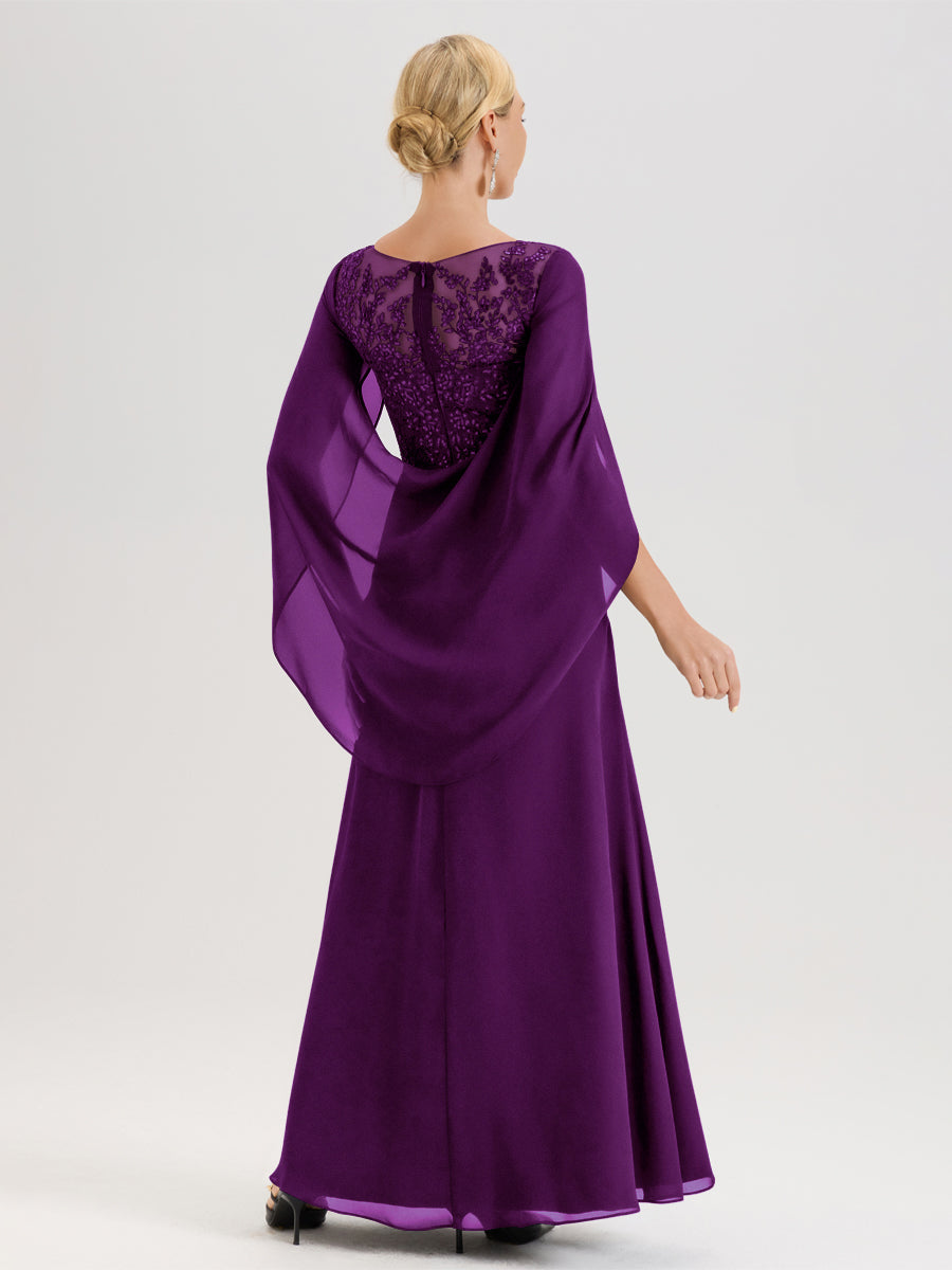 Cicinia Raisin Robe De Mère De La Mariée Longue Ligne A En Dentelle Appliquée Et Mousseline À Manches Volantes Et Col Illusion