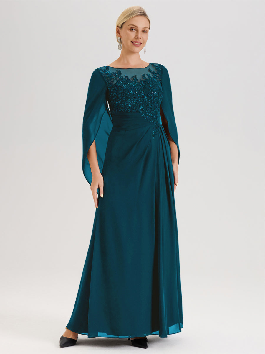 Cicinia Bleu Encre Robe De Mère De La Mariée Longue Ligne A En Dentelle Appliquée Et Mousseline À Manches Volantes Et Col Illusion