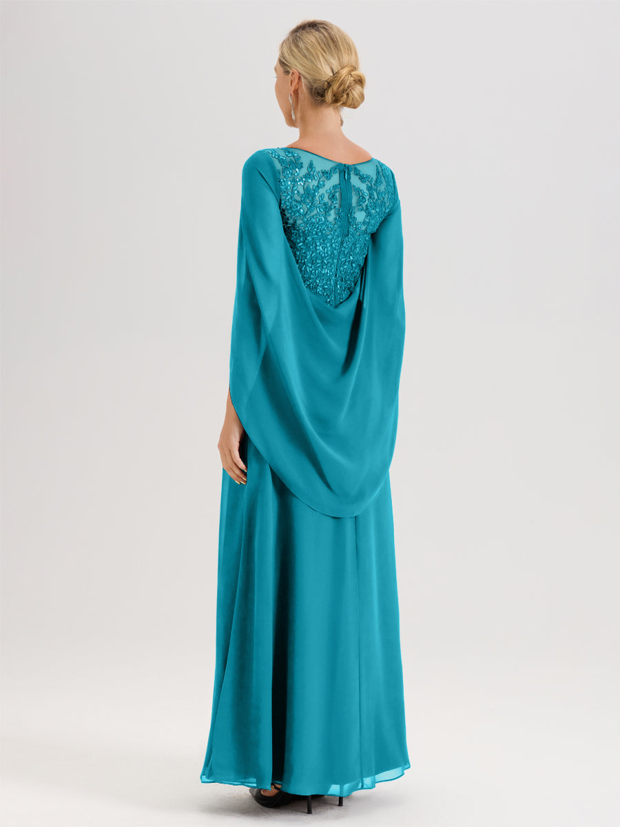 Cicinia Jade Robe De Mère De La Mariée Longue Ligne A En Dentelle Appliquée Et Mousseline À Manches Volantes Et Col Illusion