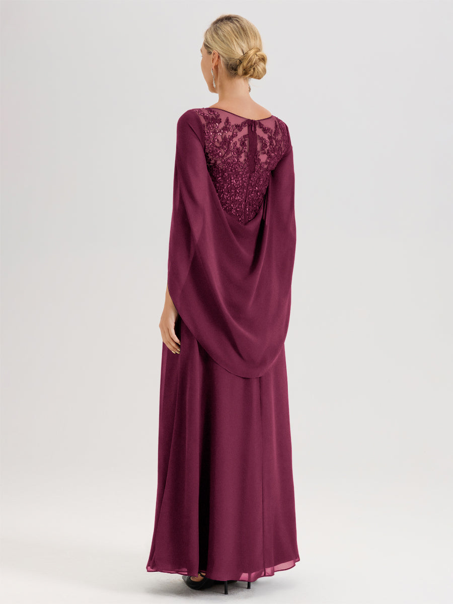 Cicinia Mûre Robe De Mère De La Mariée Longue Ligne A En Dentelle Appliquée Et Mousseline À Manches Volantes Et Col Illusion